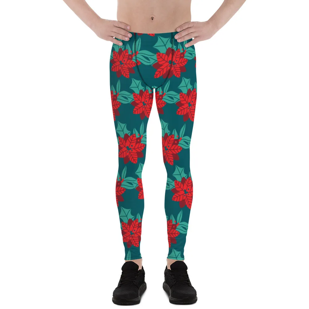 Red Christmas Flower Men's Leggings, Green & Red Xmas Flower Designer Men's Leggings-Made in USA/MX/EU