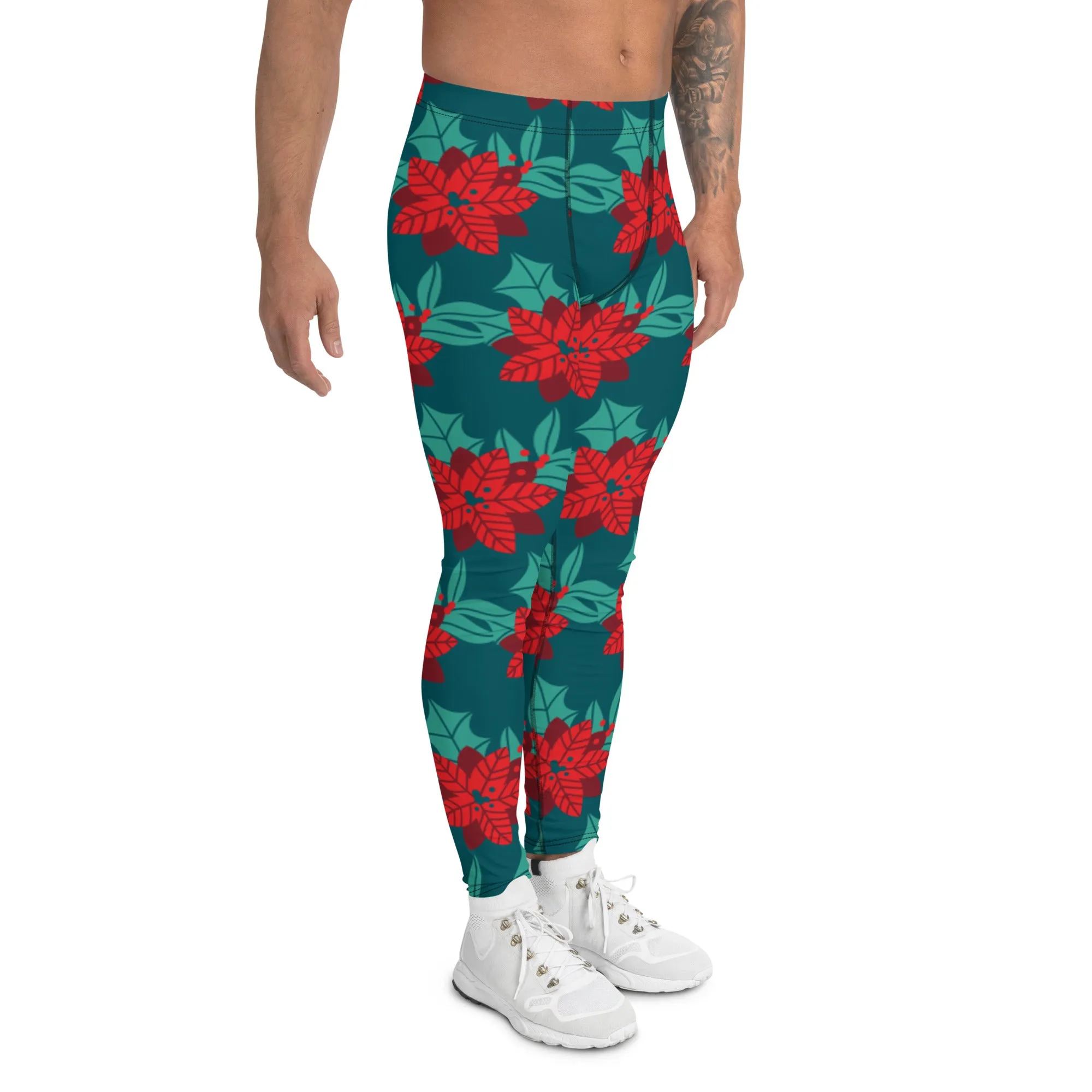 Red Christmas Flower Men's Leggings, Green & Red Xmas Flower Designer Men's Leggings-Made in USA/MX/EU