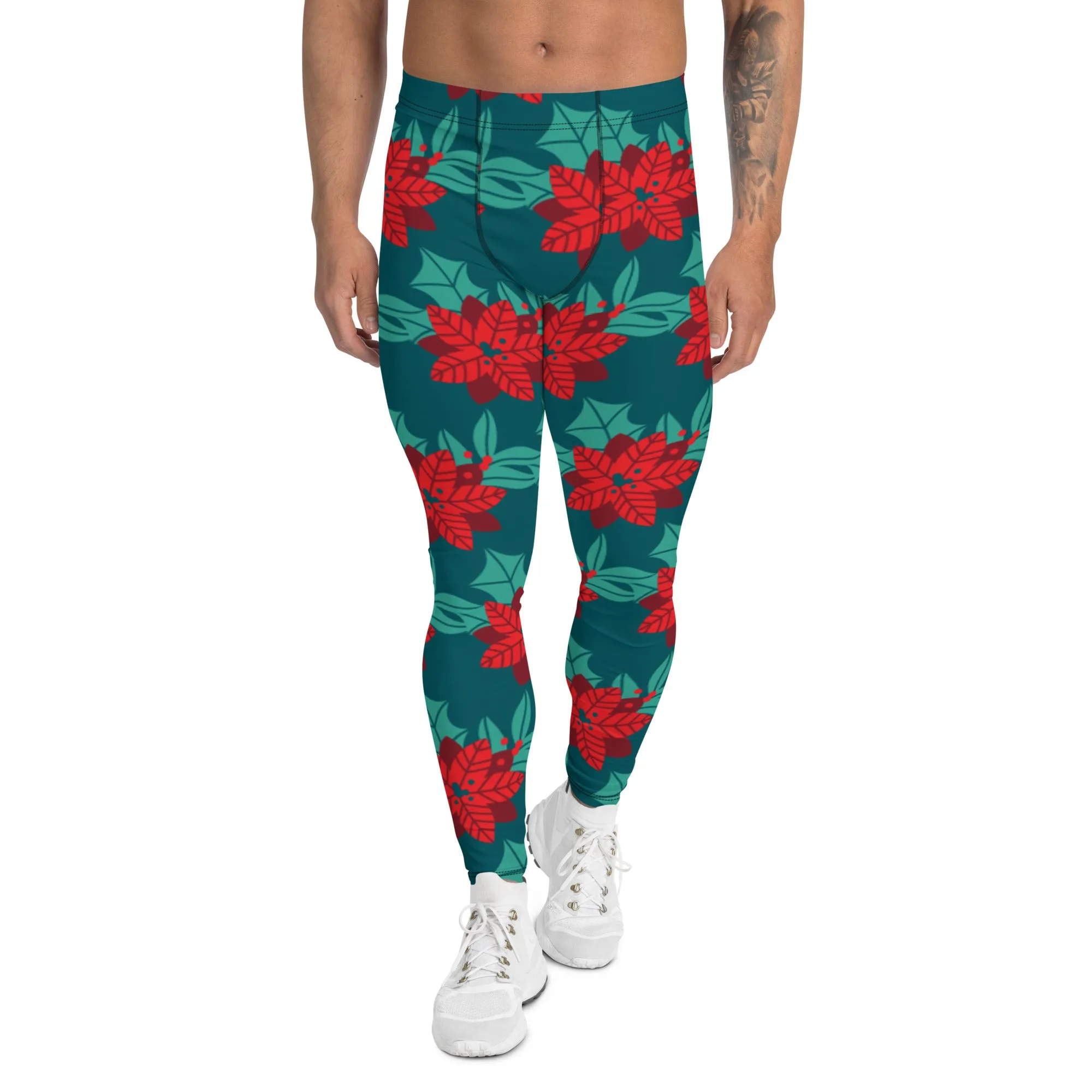 Red Christmas Flower Men's Leggings, Green & Red Xmas Flower Designer Men's Leggings-Made in USA/MX/EU