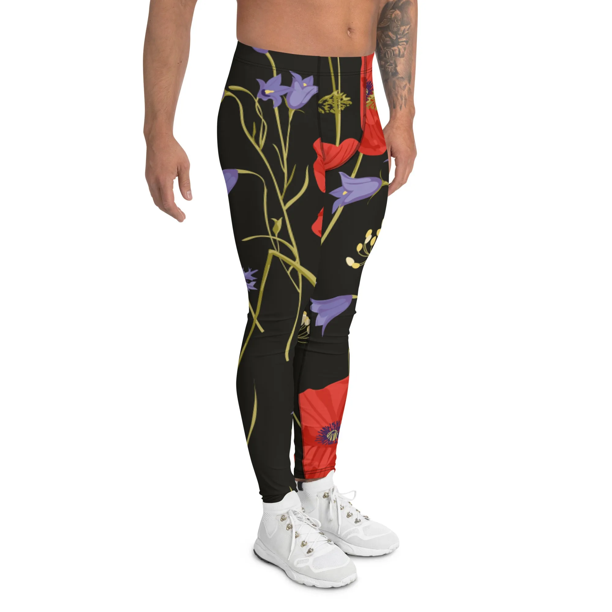 Red Poppy Floral Men's Leggings, Classic Flower Print Best Designer Compression Tights For Men-Made in USA/EU/MX