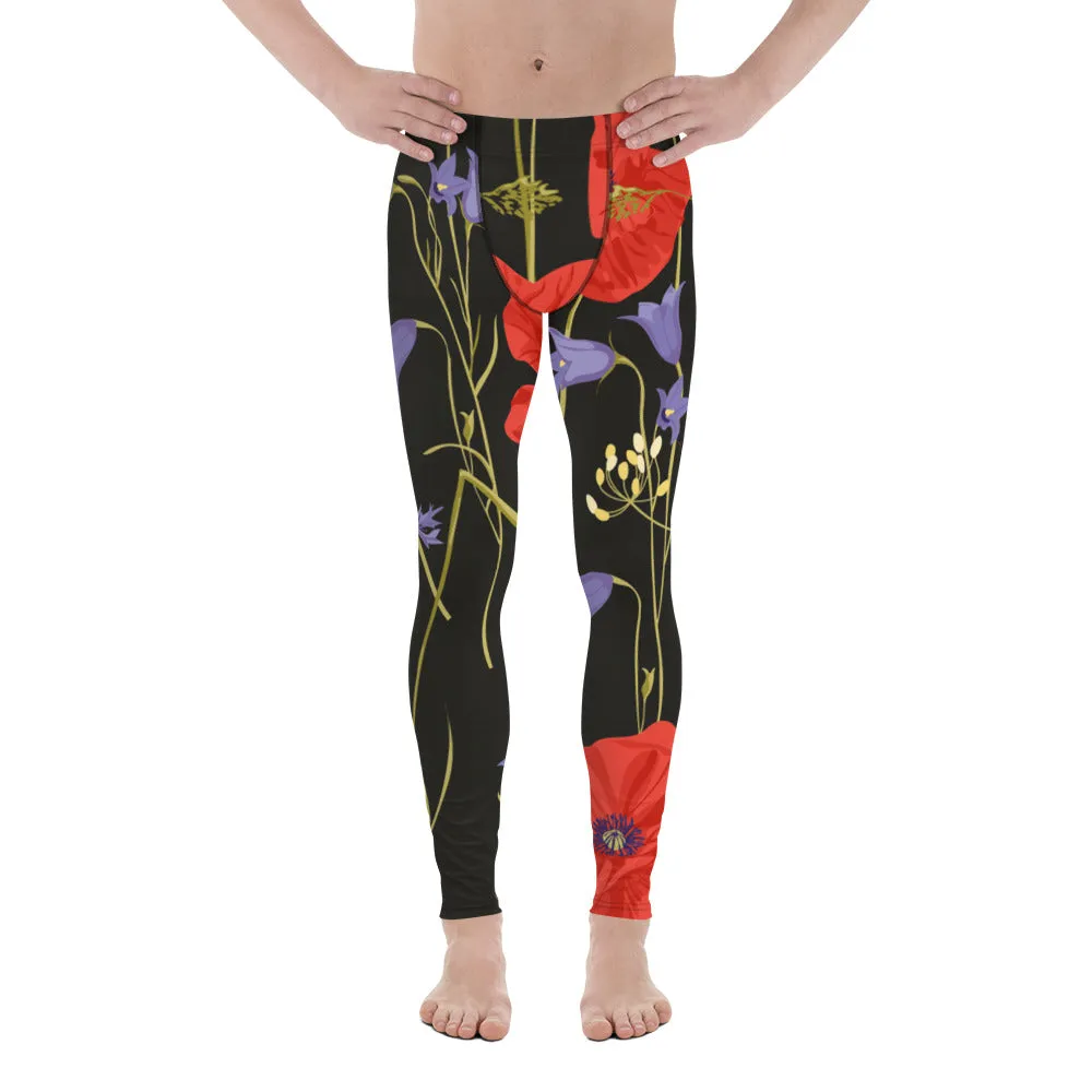 Red Poppy Floral Men's Leggings, Classic Flower Print Best Designer Compression Tights For Men-Made in USA/EU/MX