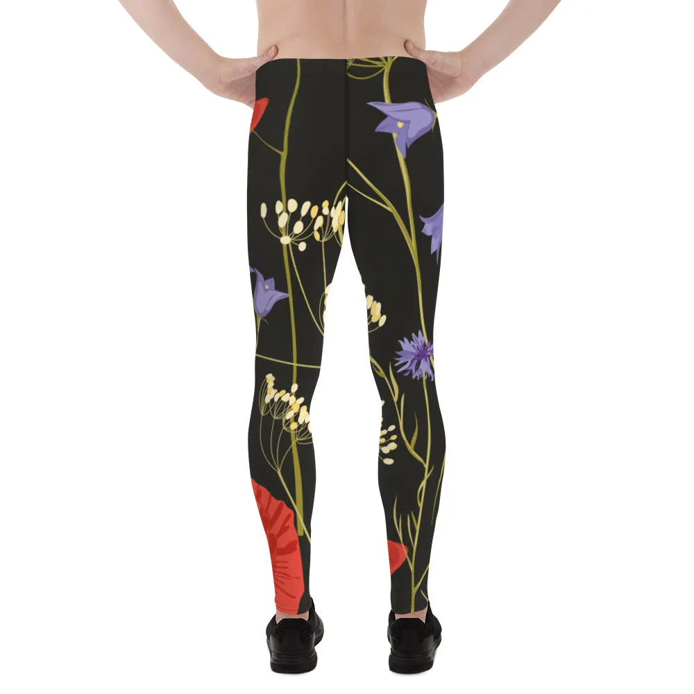 Red Poppy Floral Men's Leggings, Classic Flower Print Best Designer Compression Tights For Men-Made in USA/EU/MX