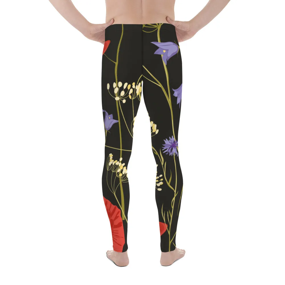 Red Poppy Floral Men's Leggings, Classic Flower Print Best Designer Compression Tights For Men-Made in USA/EU/MX