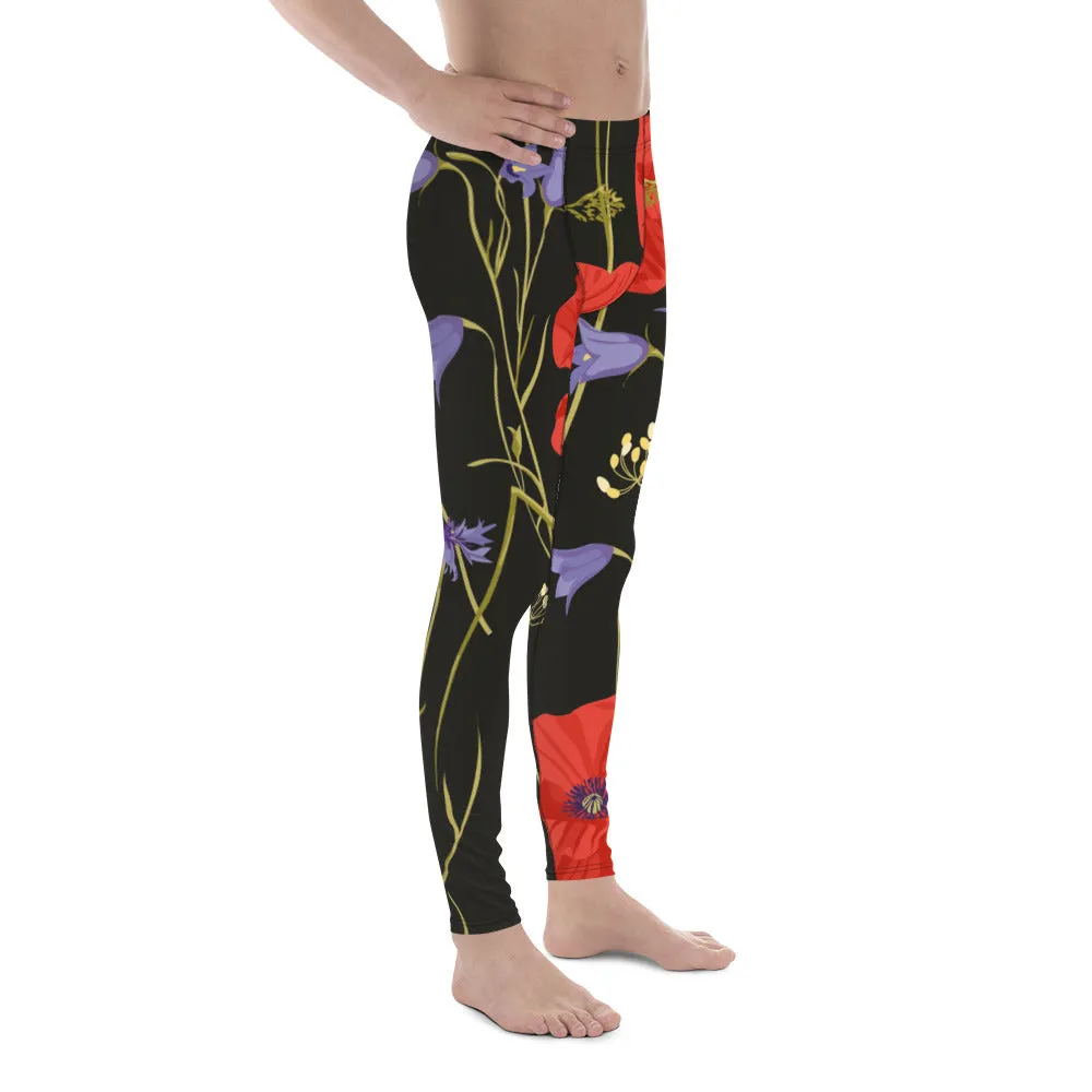 Red Poppy Floral Men's Leggings, Classic Flower Print Best Designer Compression Tights For Men-Made in USA/EU/MX