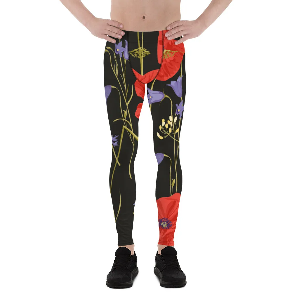 Red Poppy Floral Men's Leggings, Classic Flower Print Best Designer Compression Tights For Men-Made in USA/EU/MX