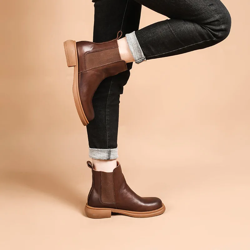 Retro Leather Chelsea Boots For Women Handmade Brush-Off Ankle Boots Brown/Coffee/Black