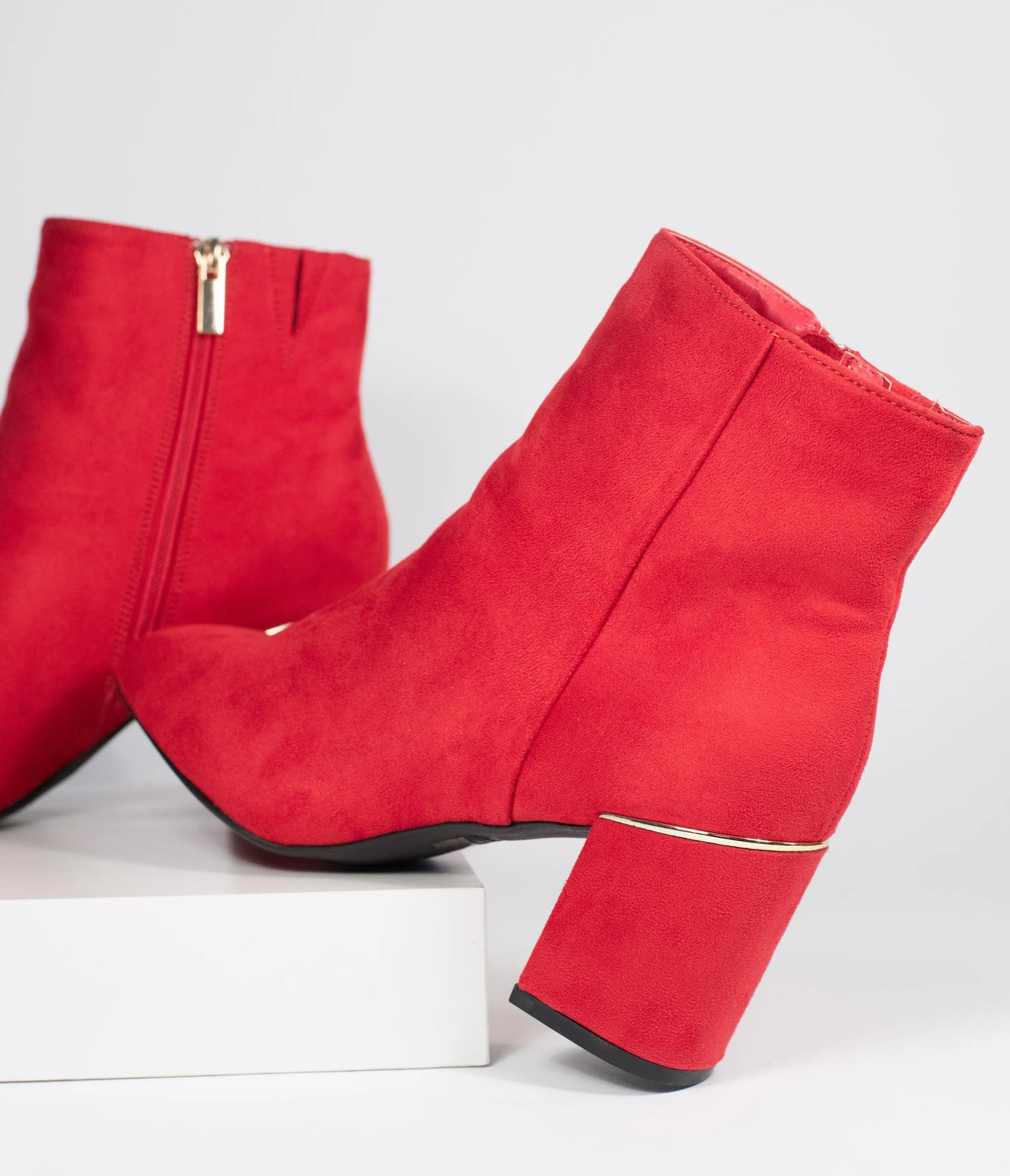 Retro Style Red Suede Heel Booties