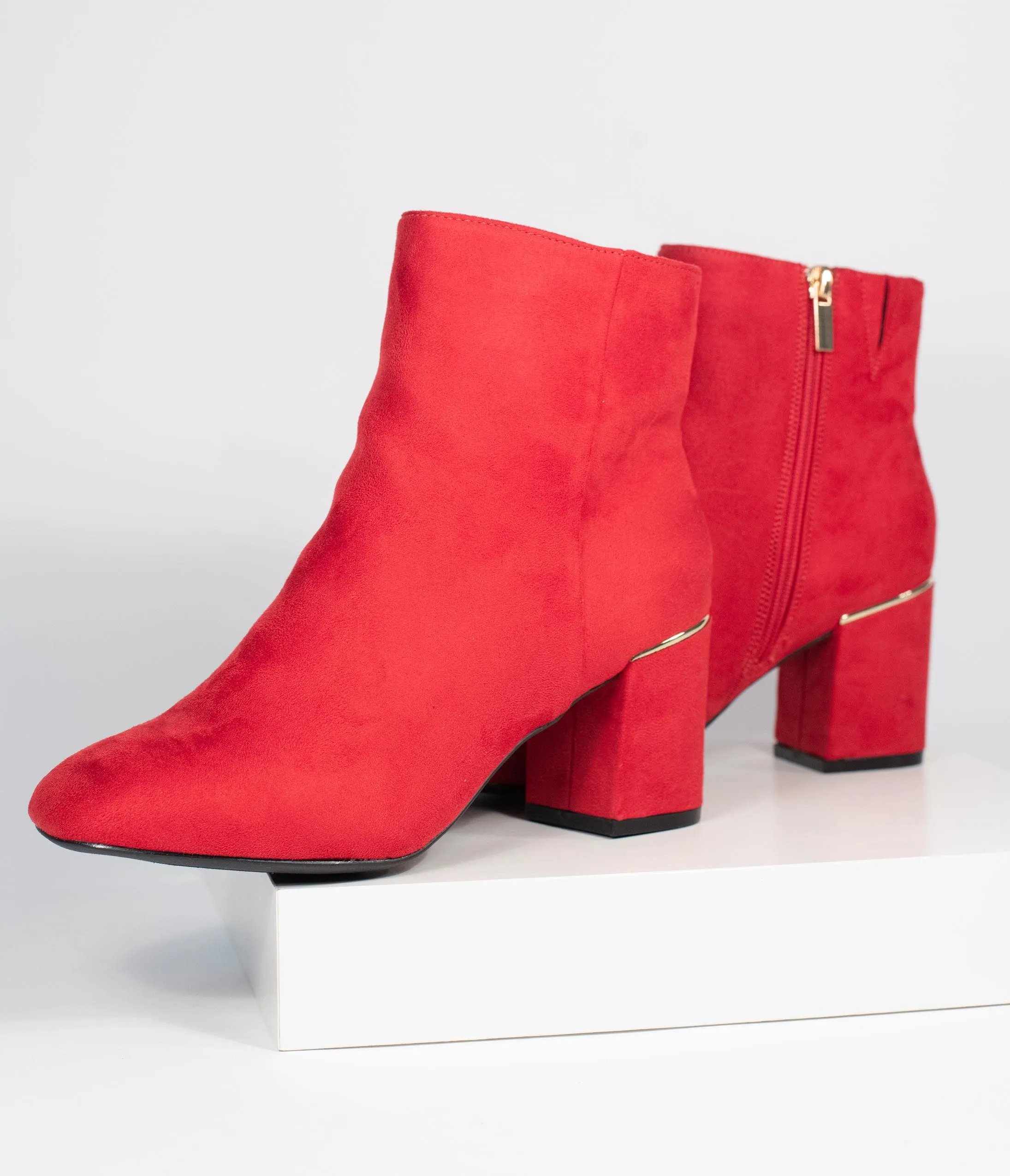 Retro Style Red Suede Heel Booties