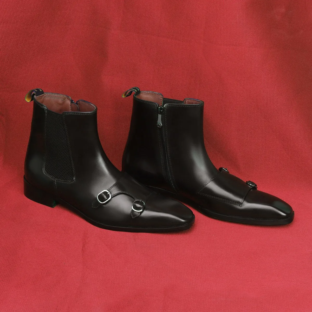 Sleek Double Monk Chelsea Boot in Black Genuine Leather Side Zipper By Brune & Bareskin