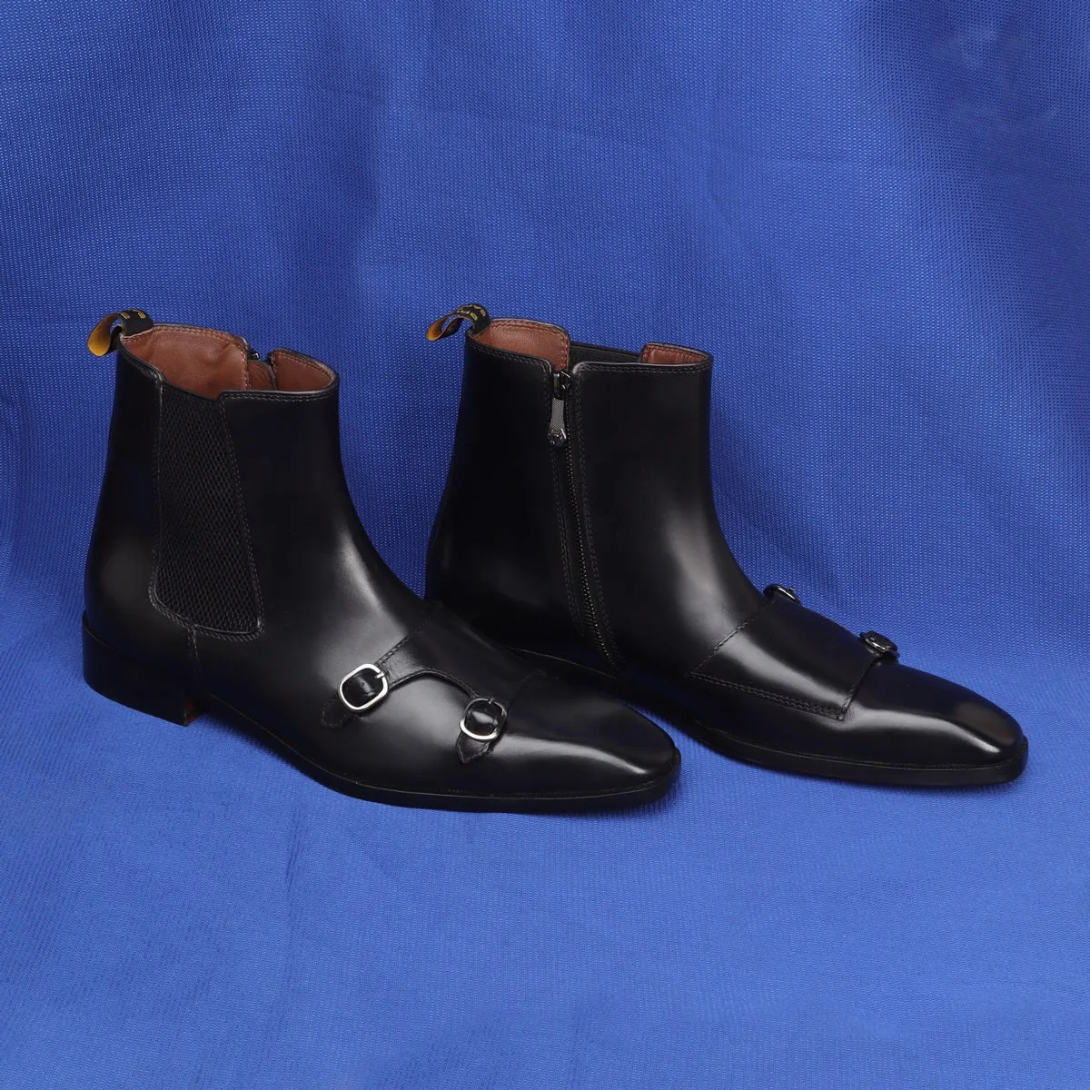 Sleek Double Monk Chelsea Boot in Black Genuine Leather Side Zipper By Brune & Bareskin