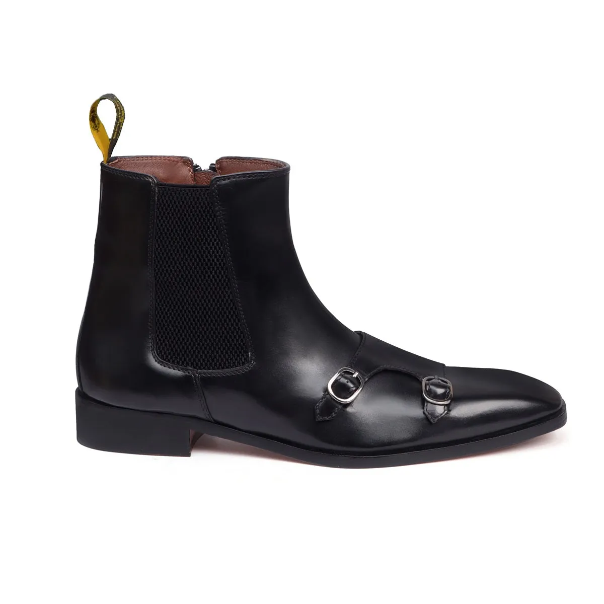 Sleek Double Monk Chelsea Boot in Black Genuine Leather Side Zipper By Brune & Bareskin