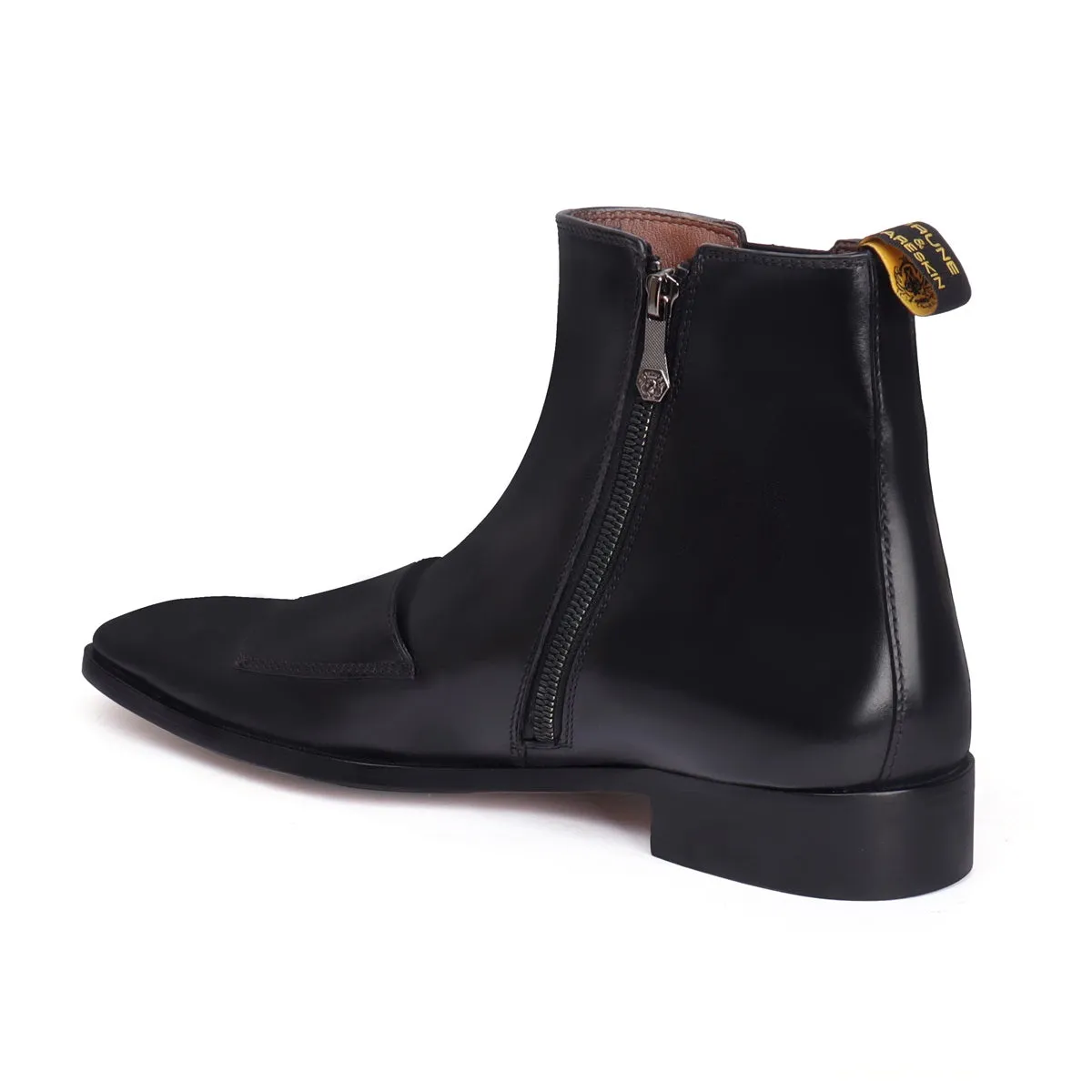 Sleek Double Monk Chelsea Boot in Black Genuine Leather Side Zipper By Brune & Bareskin