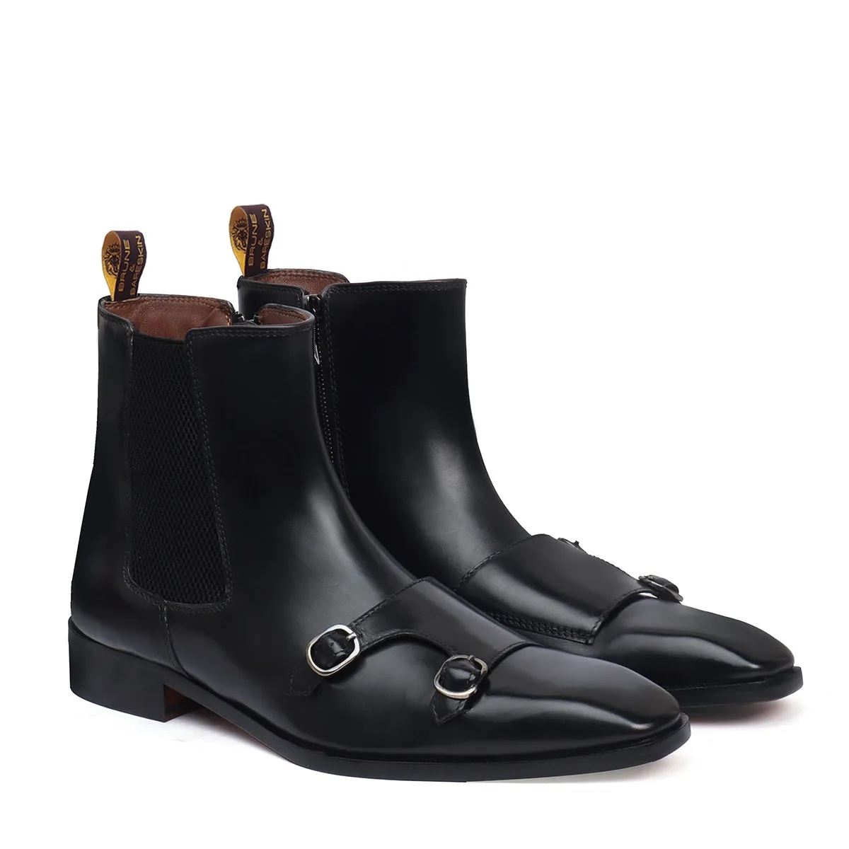 Sleek Double Monk Chelsea Boot in Black Genuine Leather Side Zipper By Brune & Bareskin