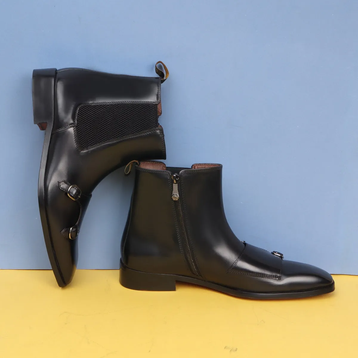 Sleek Double Monk Chelsea Boot in Black Genuine Leather Side Zipper By Brune & Bareskin