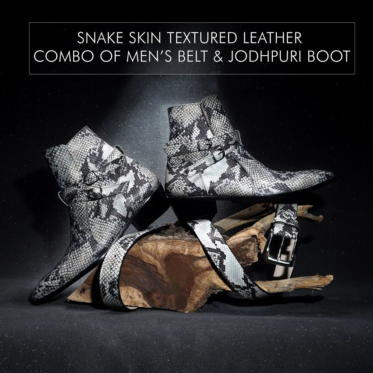 Snake Print Combo of Black-White Jodhpuri Boot & Belt