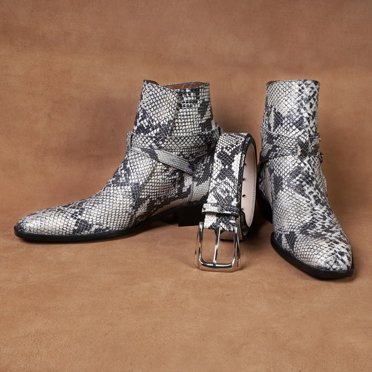 Snake Print Combo of Black-White Jodhpuri Boot & Belt