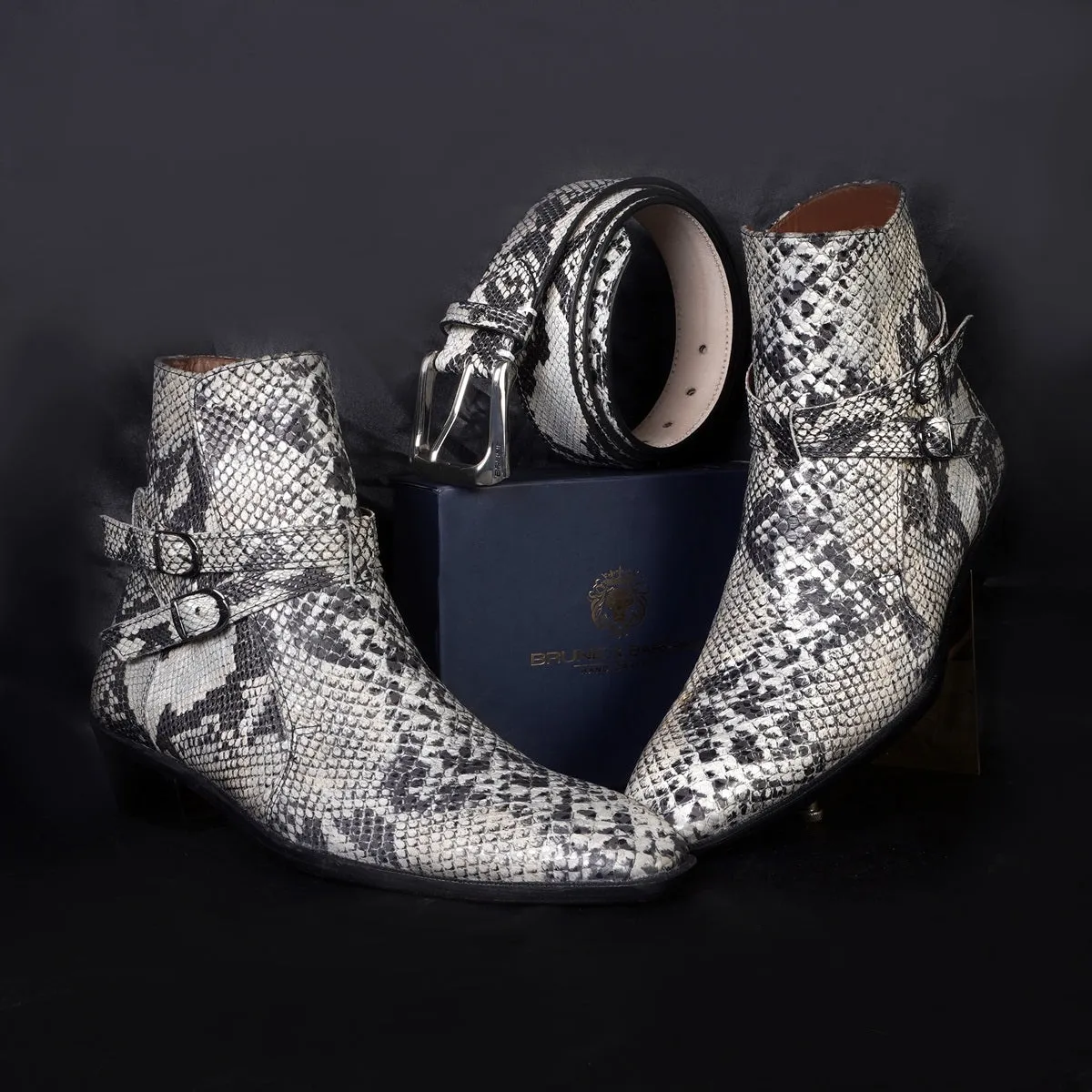 Snake Print Combo of Black-White Jodhpuri Boot & Belt