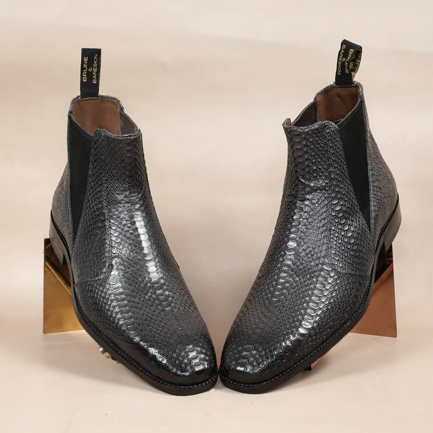 Snake Skin Chelsea Boot in Grey Leather