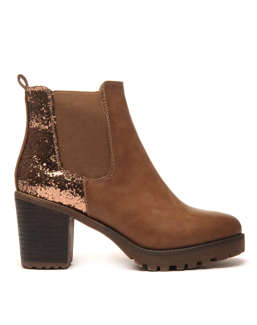 Sublimes Chelsea boots marron à talons et paillettes