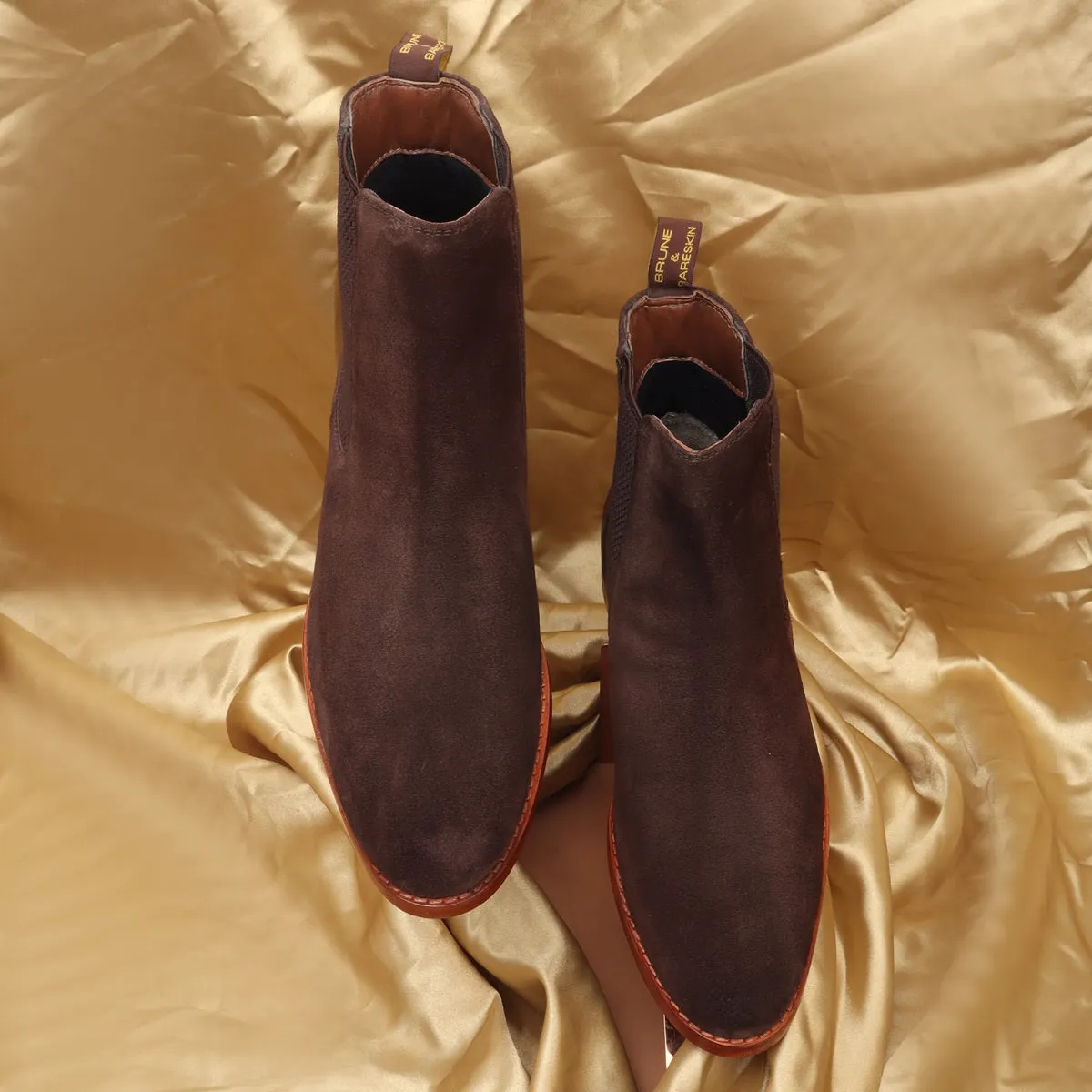 Suede Leather Chelsea Boot In Dark Brown Color