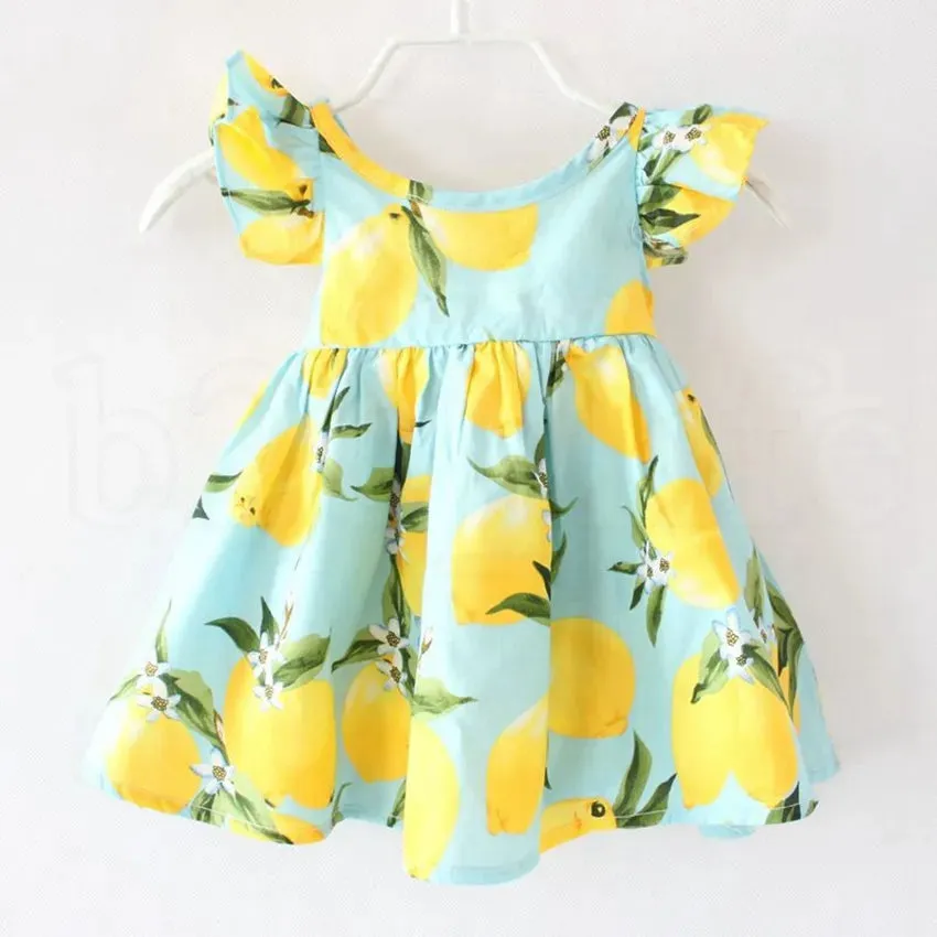 Summer Girl Dress Fruit Lemon Pattern Baby Girl Dress Children Sundresses Kids Fly Sleeve Dresses ins girls floral beach dress KKA6978