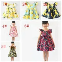 Summer Girl Dress Fruit Lemon Pattern Baby Girl Dress Children Sundresses Kids Fly Sleeve Dresses ins girls floral beach dress KKA6978