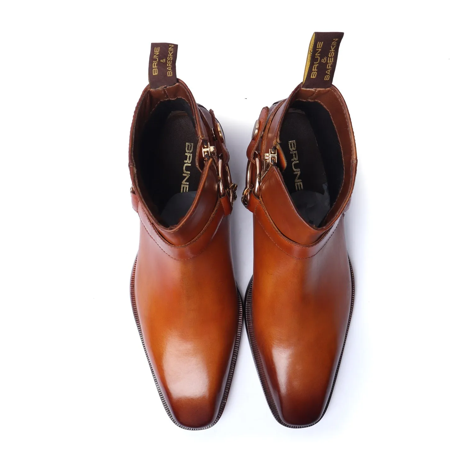 Tan Hand Made Chelsea Boots with Side Zip Leather & Stylish Golden Chain by Brune & Bareskin