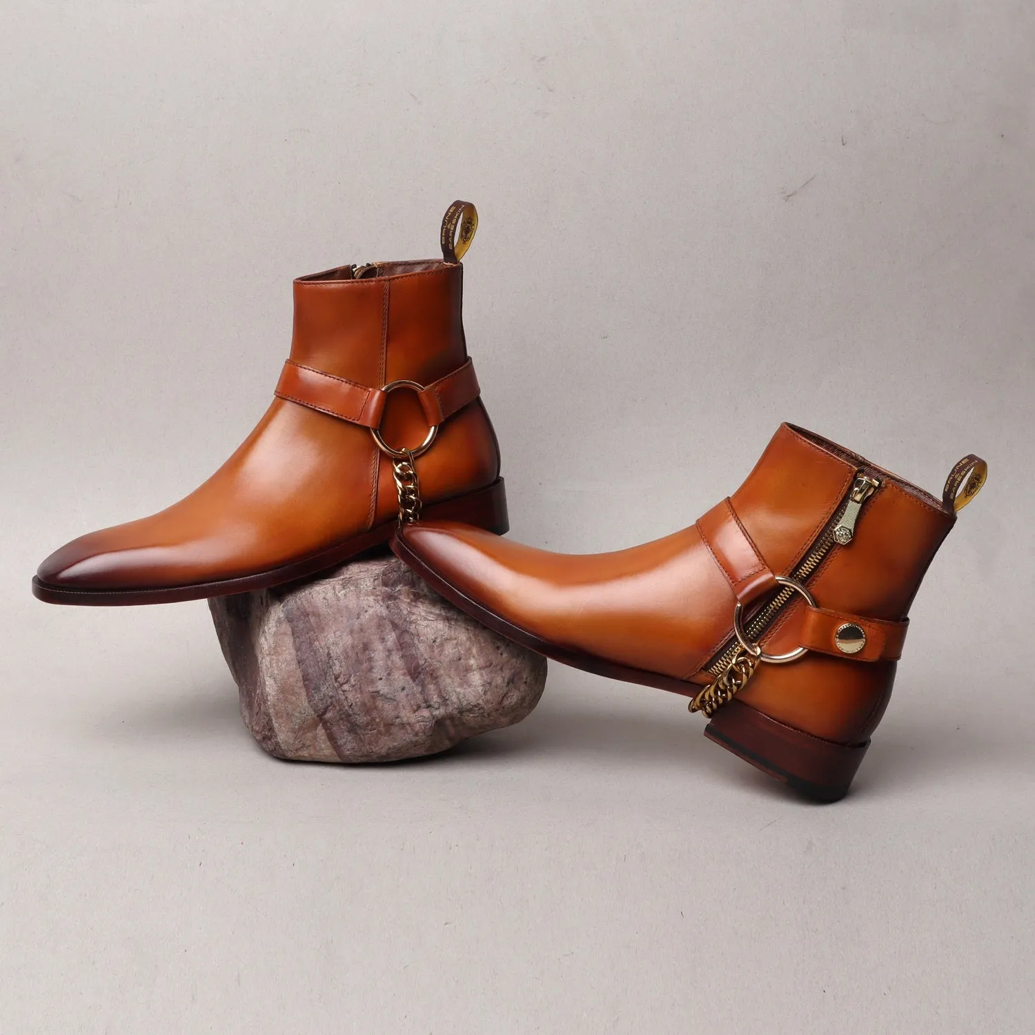 Tan Hand Made Chelsea Boots with Side Zip Leather & Stylish Golden Chain by Brune & Bareskin