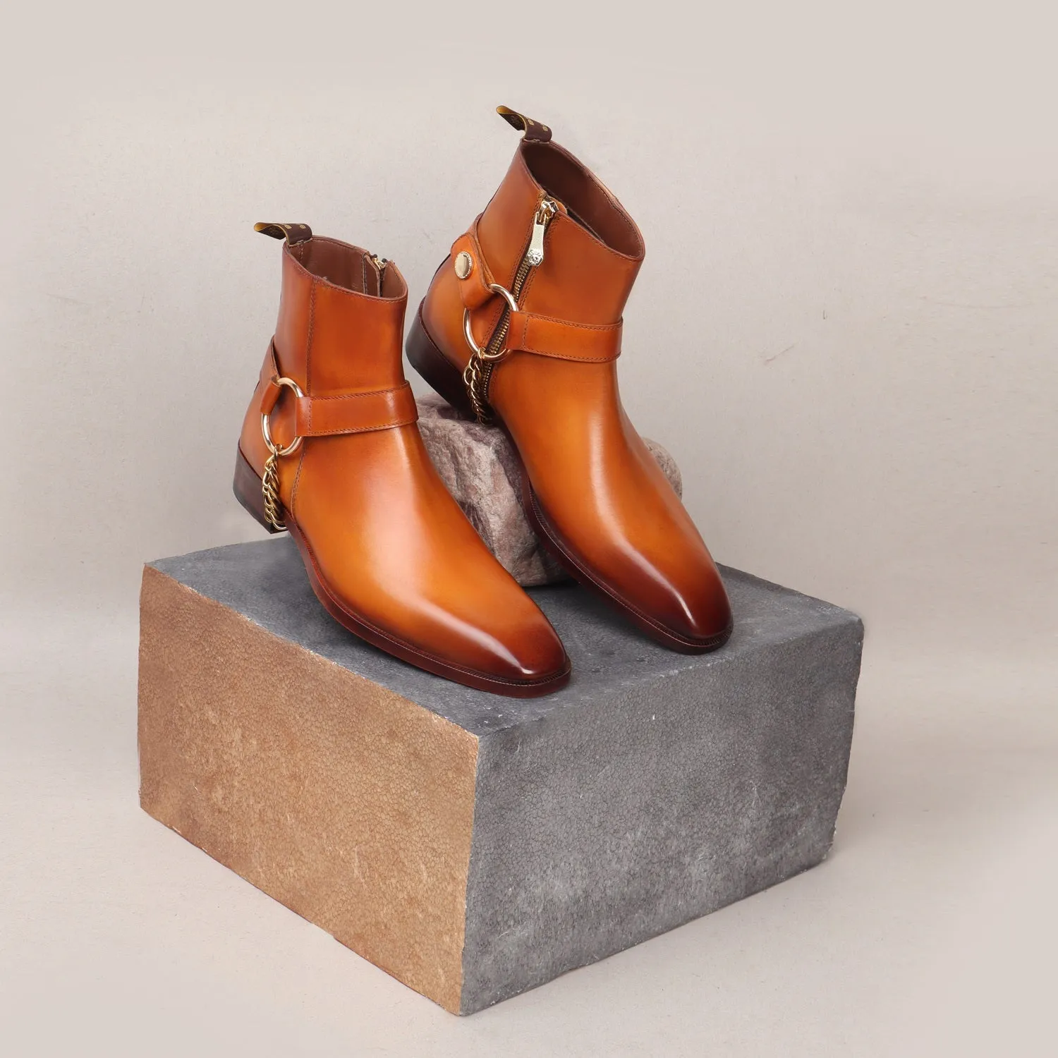 Tan Hand Made Chelsea Boots with Side Zip Leather & Stylish Golden Chain by Brune & Bareskin