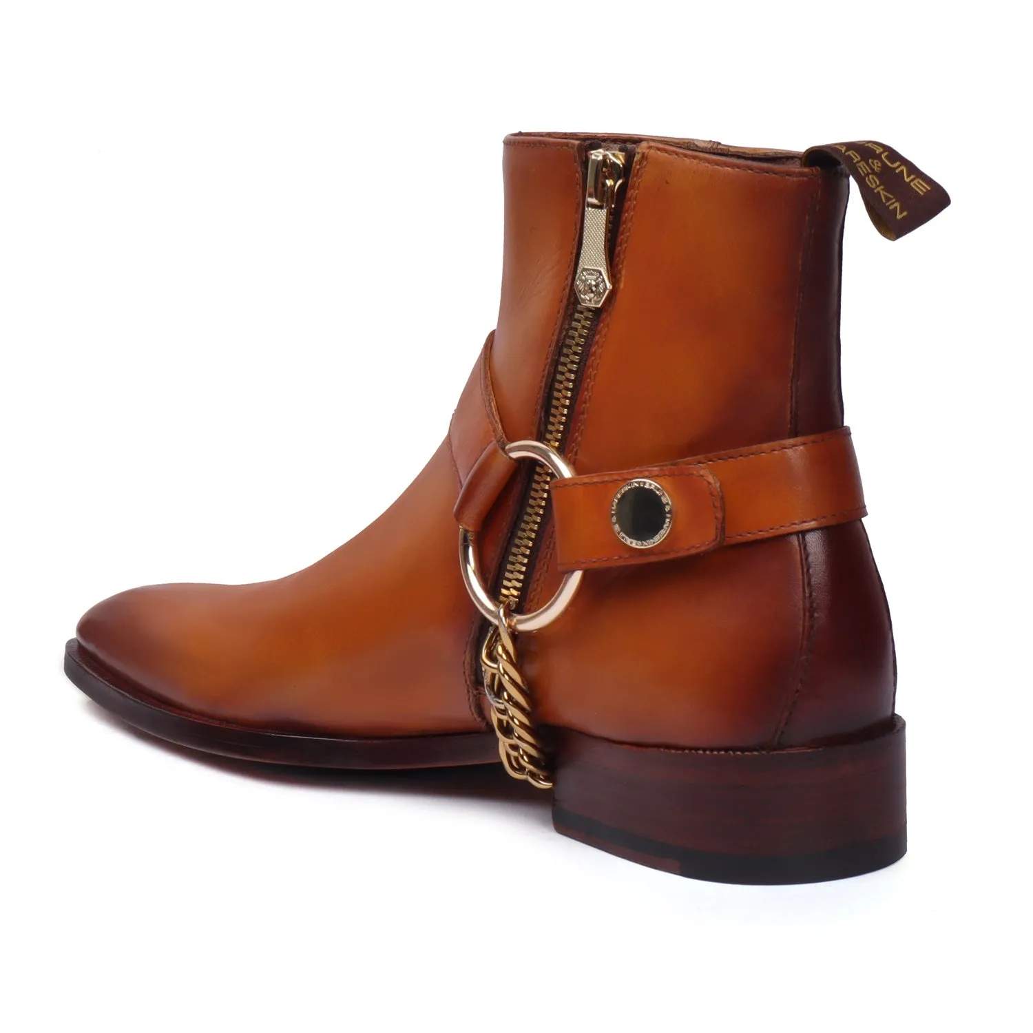 Tan Hand Made Chelsea Boots with Side Zip Leather & Stylish Golden Chain by Brune & Bareskin