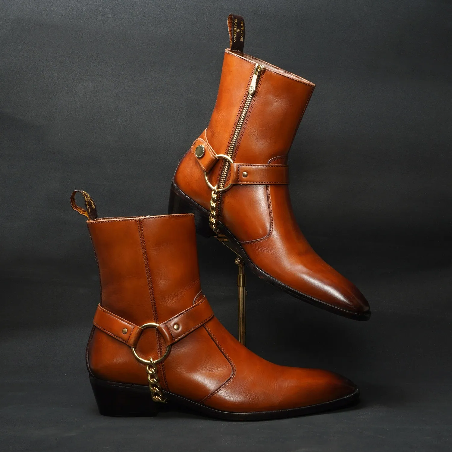 Tan Hybrid Chain Boots in Genuine Leather