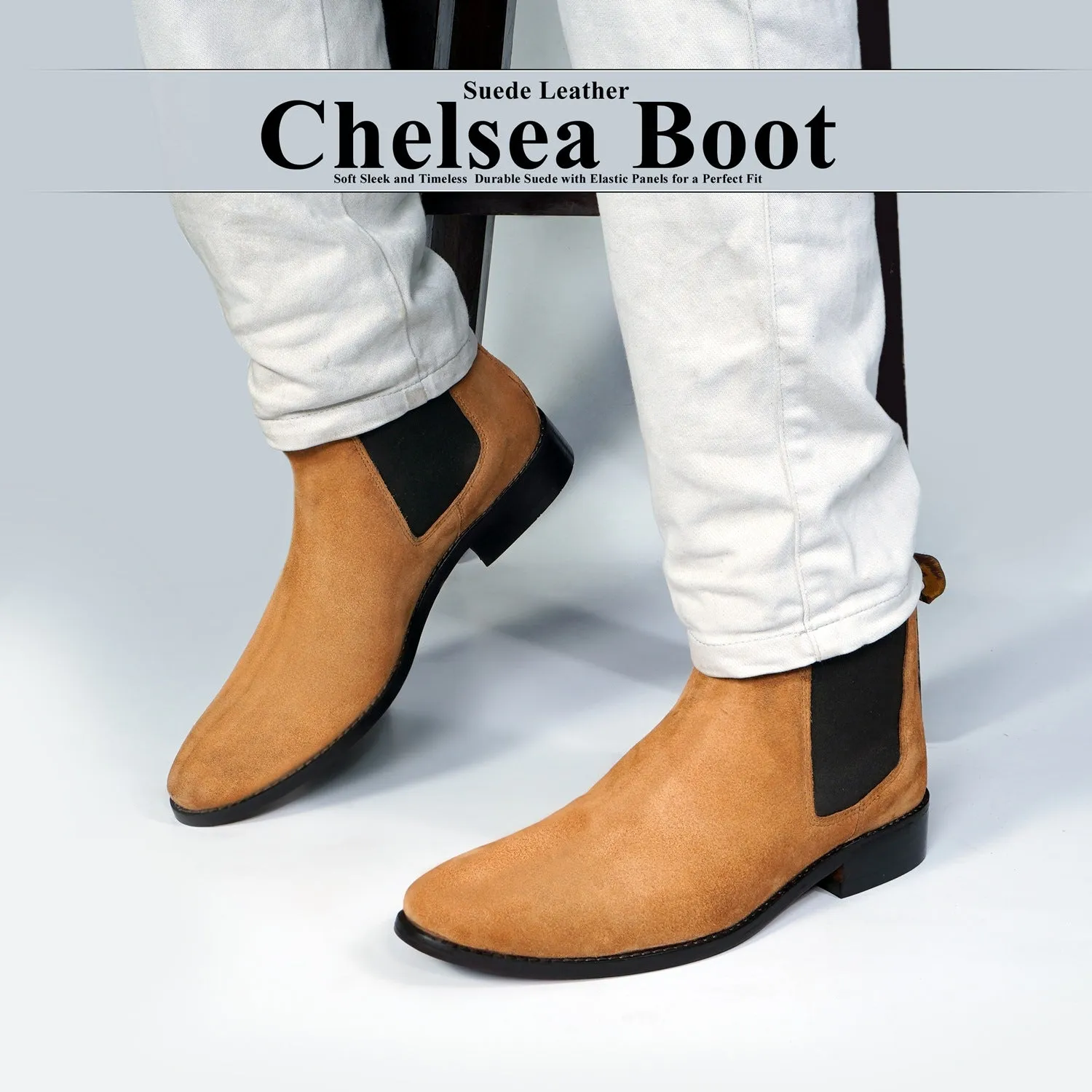 Tan Suede Leather Chelsea Boots with Leather Sole