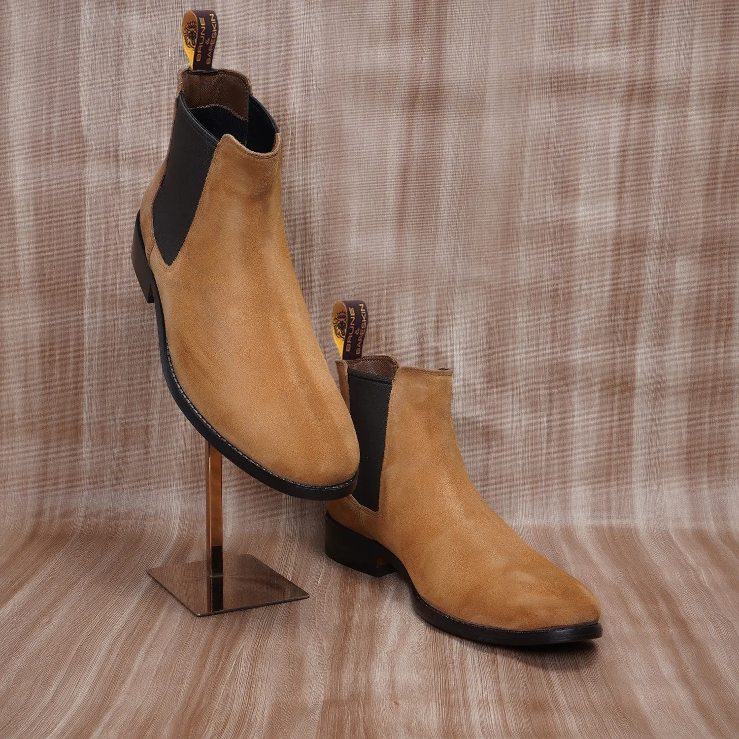 Tan Suede Leather Chelsea Boots with Leather Sole