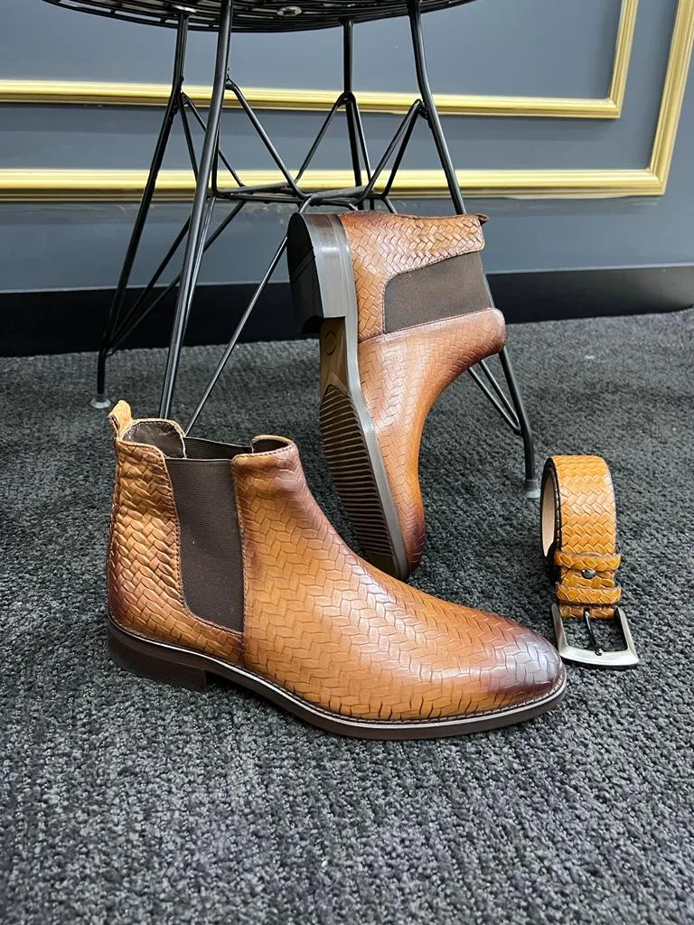 Tan Woven Pattern Chelsea Boots for Men | GentWith.com