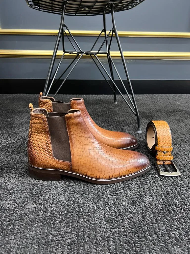 Tan Woven Pattern Chelsea Boots for Men | GentWith.com