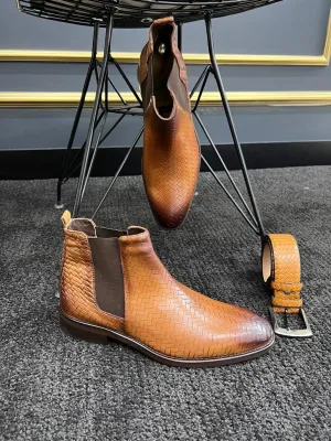 Tan Woven Pattern Chelsea Boots for Men | GentWith.com