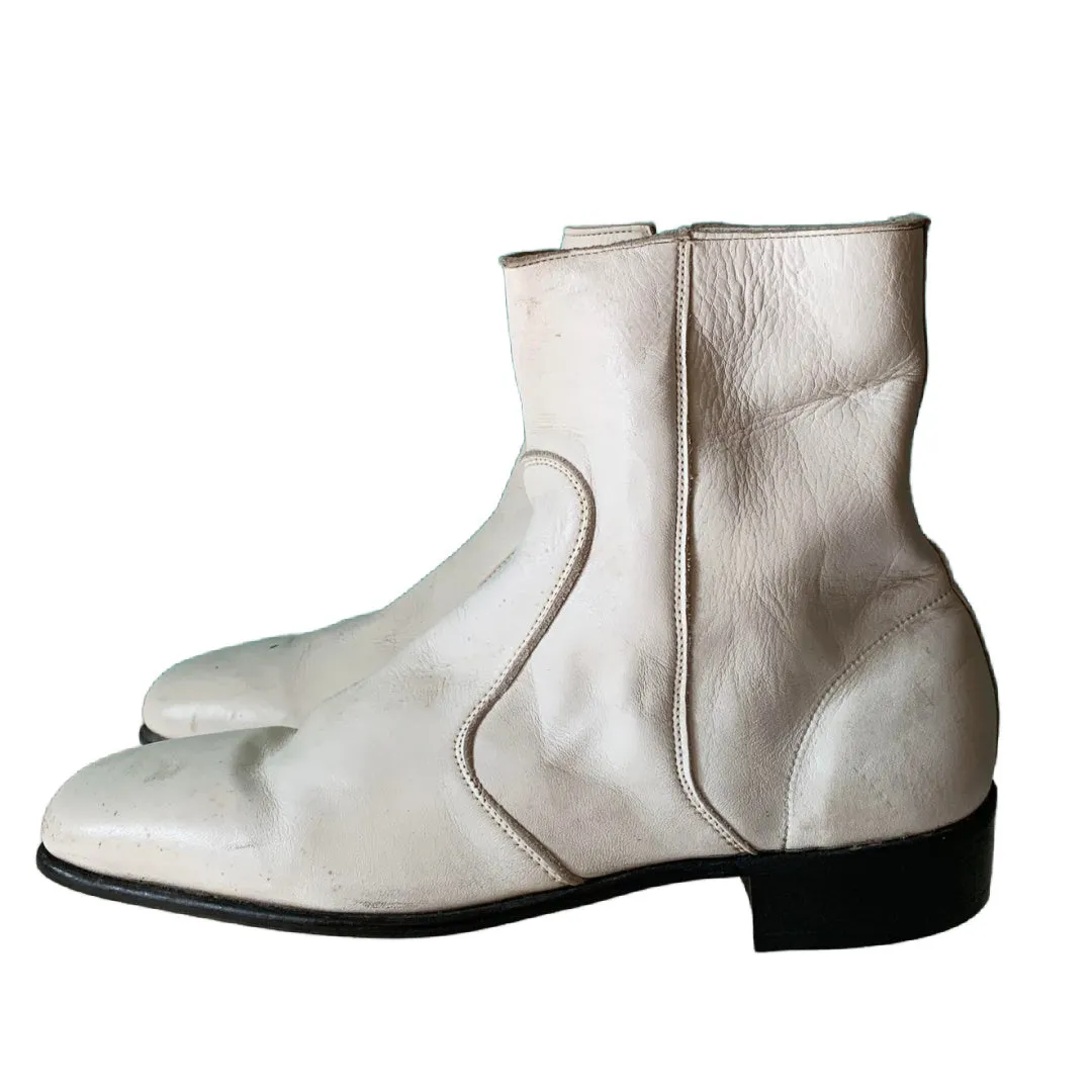 White Leather Zip Side Chelsea Boots circa 1960s M US 8 W US 10