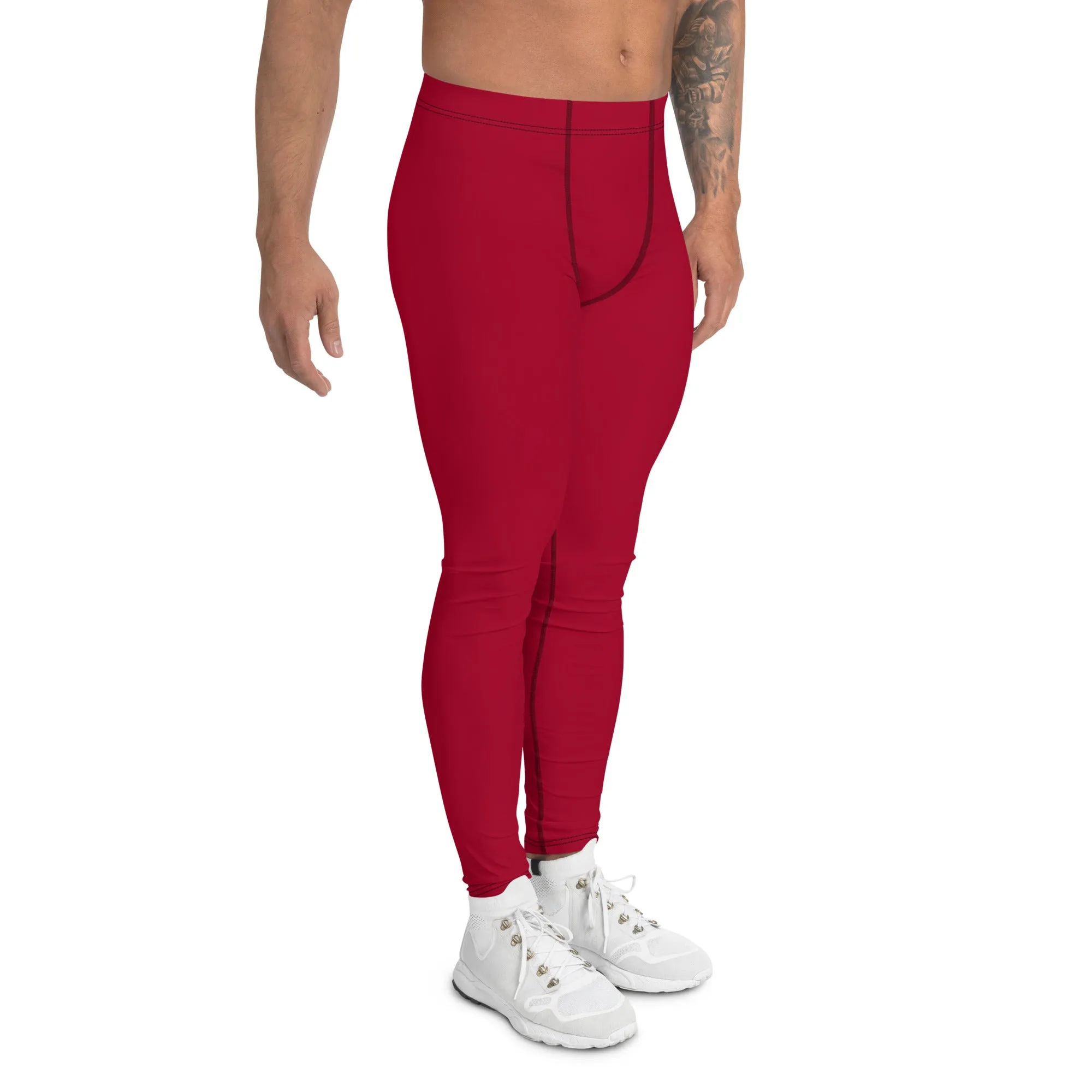 Wine Red Color Men's Leggings, Solid Red Color Premium Designer Men's Tight Pants - Made in USA/EU/MX