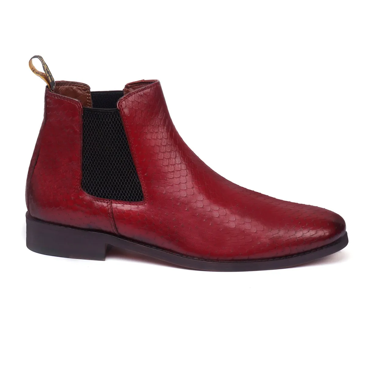 Wine Snake Skin Textured Leather Chelsea Boot For Men By Brune & Bareskin