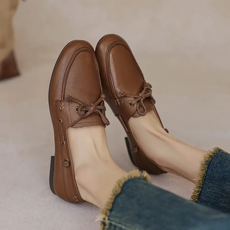 Women Round Toe Boat Shoes Derby Shoes Genuine Leather in Black/Brown/Beige