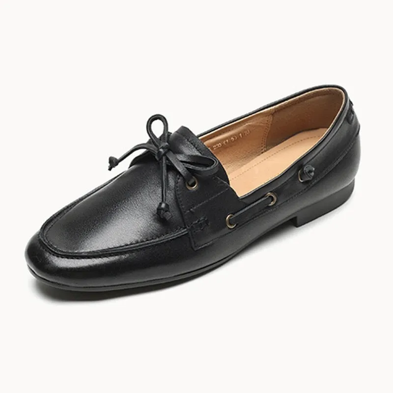 Women Round Toe Boat Shoes Derby Shoes Genuine Leather in Black/Brown/Beige