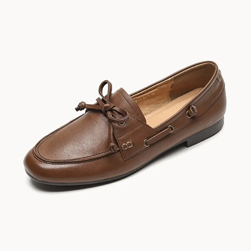 Women Round Toe Boat Shoes Derby Shoes Genuine Leather in Black/Brown/Beige