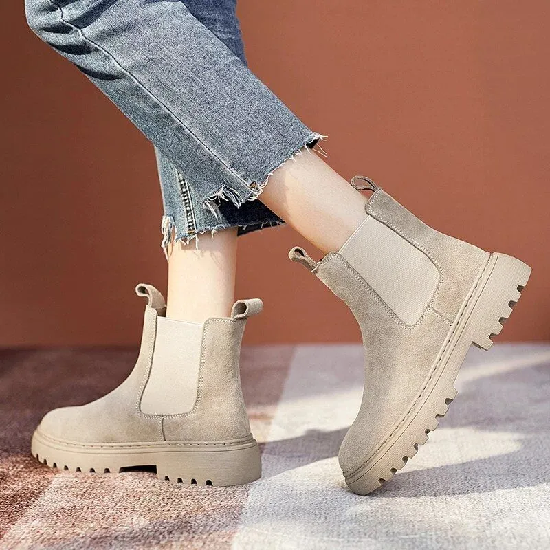 Women Winter Chelsea Boots Suede Leather Comfortable Ankle Shoes