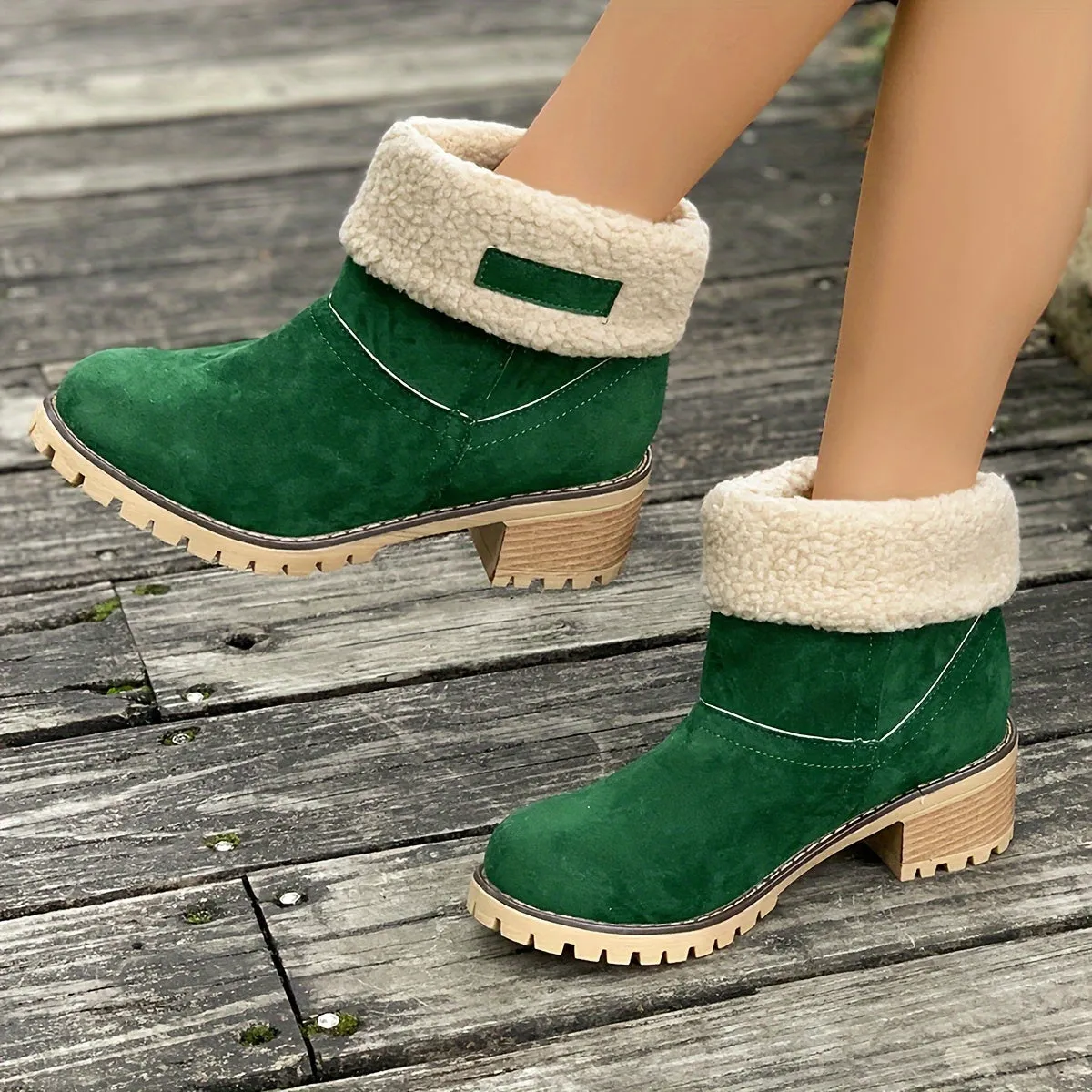 Women's Warm Plush Lined Boots, Chunky Heeled Ankle Boots, Classic & Comfortable Chelsea Boots