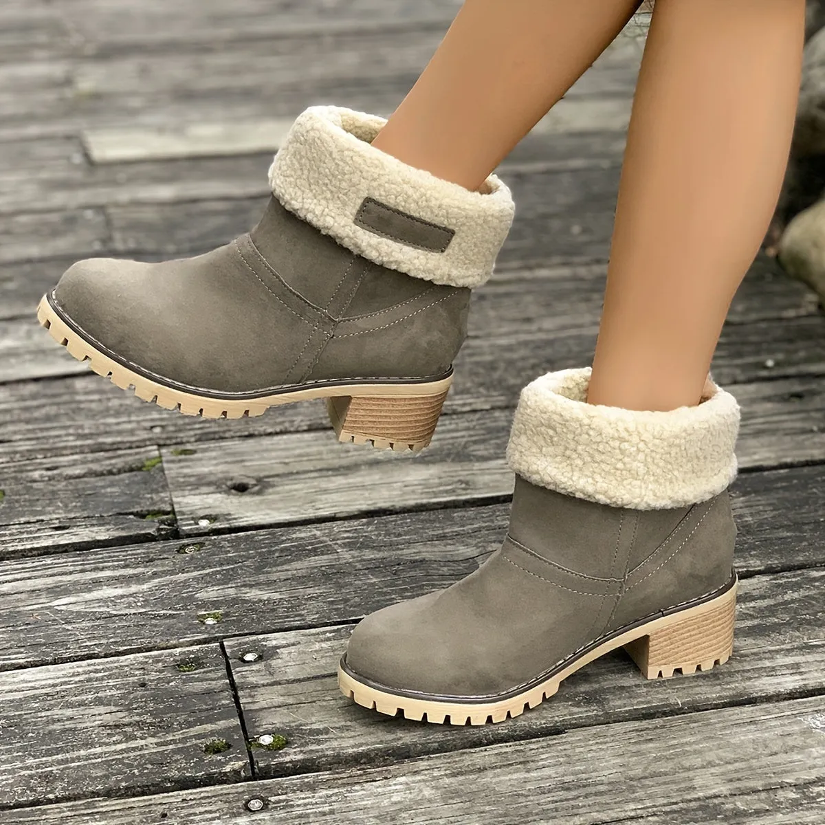 Women's Warm Plush Lined Boots, Chunky Heeled Ankle Boots, Classic & Comfortable Chelsea Boots