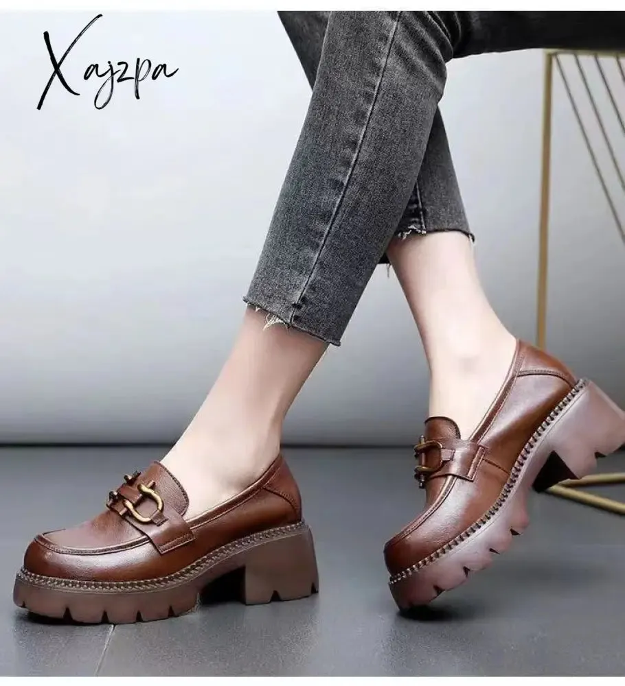 Xajzpa - Black Retro Shoes Women's Autumn Fashion Comfortable Metal Decoration Thick Bottom Oxford Loafers Casual Boat Shoes Lolita Shoes