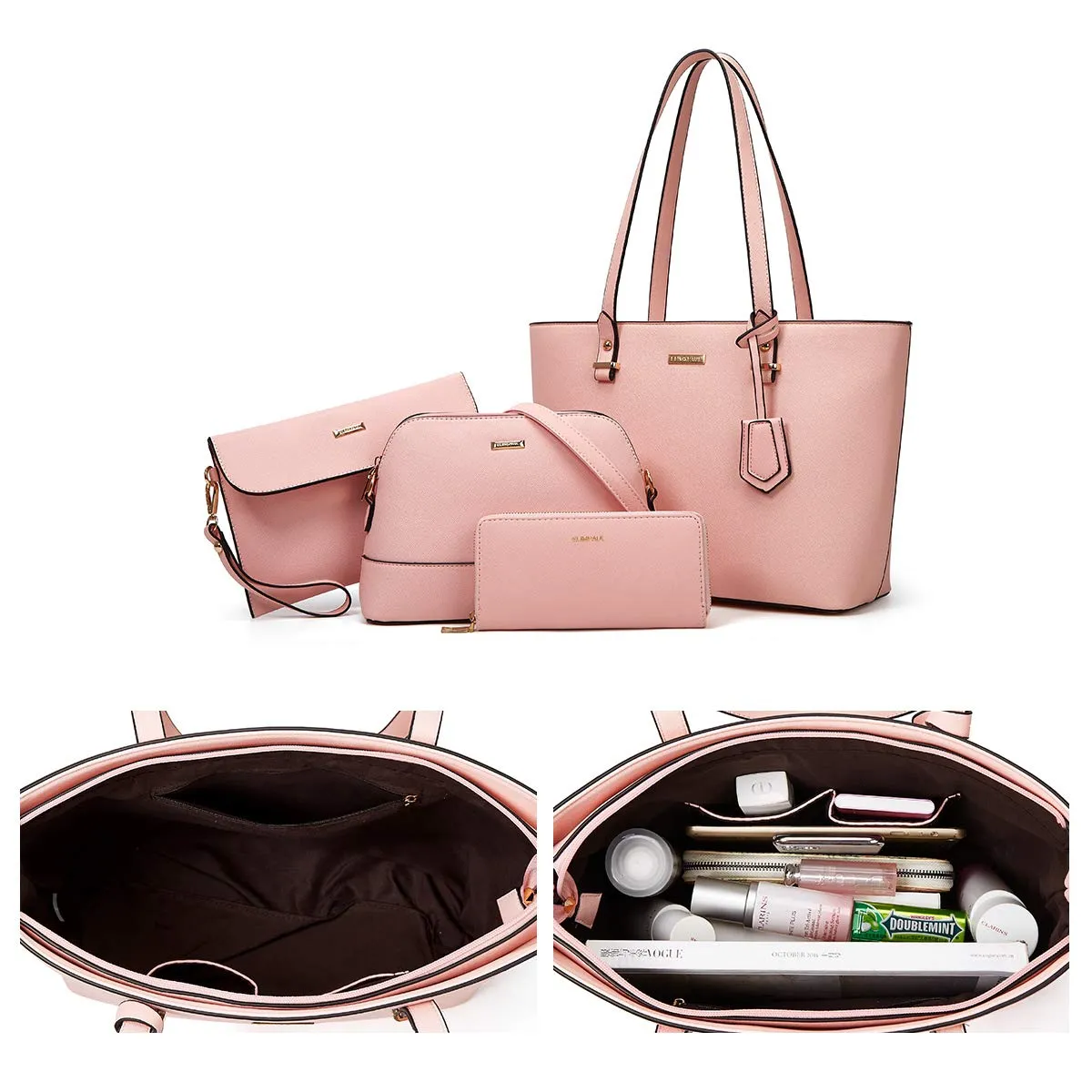 YTL Damen Handtasche Tote Shopper Groß Schultertasche Umhängetasche Geldbörse Kartenhalter Tasche 4-teiliges Set für Büro Schule Einkauf Reise Geschenk Rosa