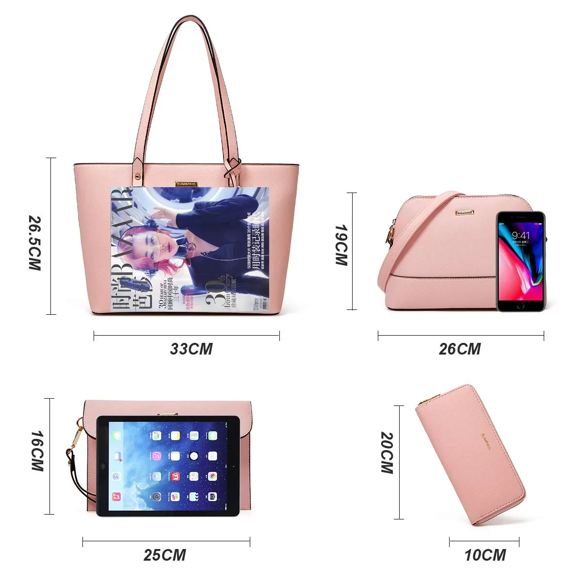 YTL Damen Handtasche Tote Shopper Groß Schultertasche Umhängetasche Geldbörse Kartenhalter Tasche 4-teiliges Set für Büro Schule Einkauf Reise Geschenk Rosa